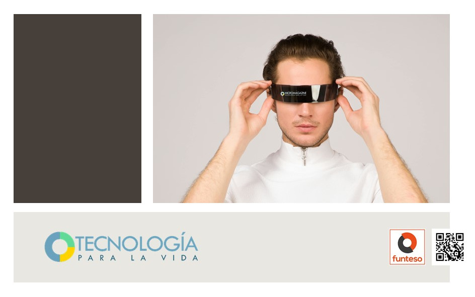 Composición de imágenes en las que aparece un hombre portando una gafas de realidad virtual en la que se superpone el logotipo del MicroMagazine de FUNTESO, Tecnología para la Vida, TXLV. Además, en la parte posterior de la composición también aparece el logotipo de FUNTESO, Fundación Tecnología Social y un código QR que redirecciona a la web oficial de FUNTESO, www.funteso.es